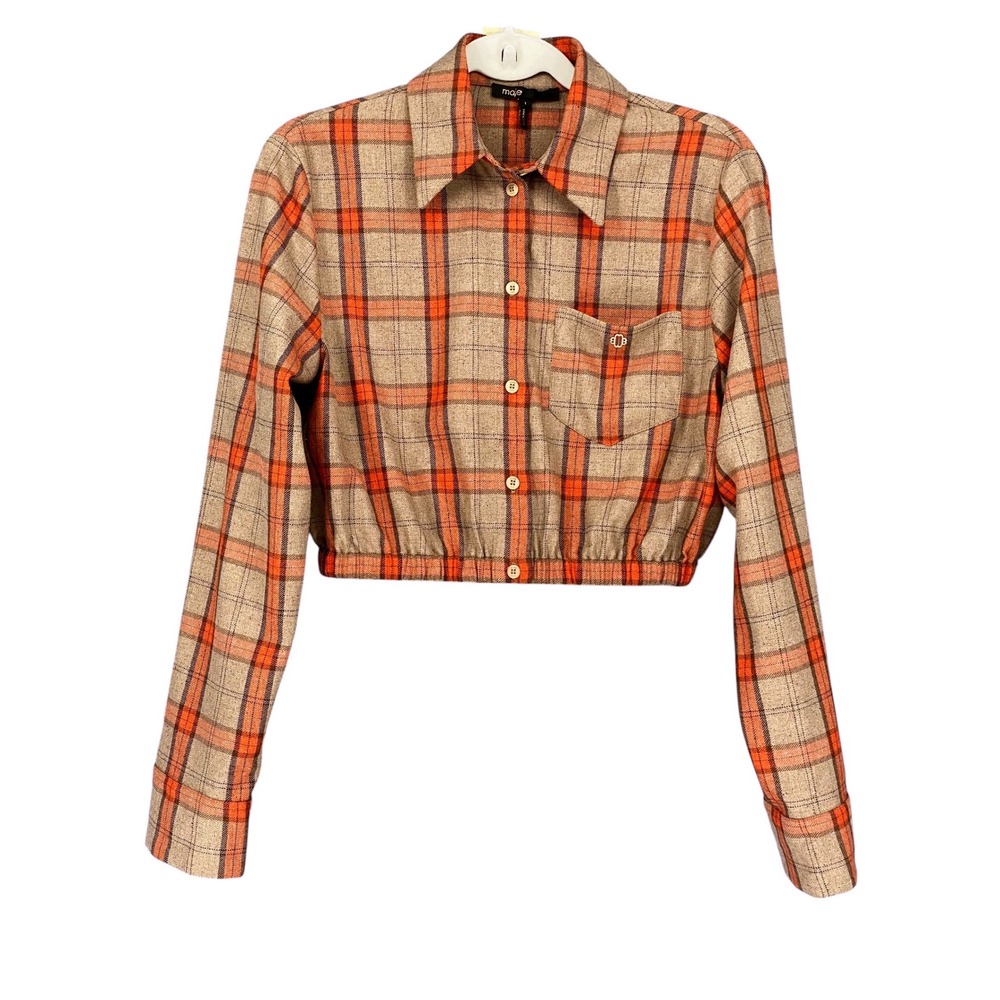 Maje Camel and Orange Plaid Crop Shirt MFPCM00357 Button Down Size 1 Small - Picture 2 of 11